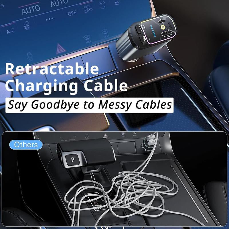 "4-in-1 Retractable Fast Car Charger 66W | USB & Type-C Ports with LED Starry Light for iPhone & Android"