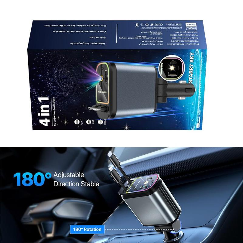 "4-in-1 Retractable Fast Car Charger 66W | USB & Type-C Ports with LED Starry Light for iPhone & Android"