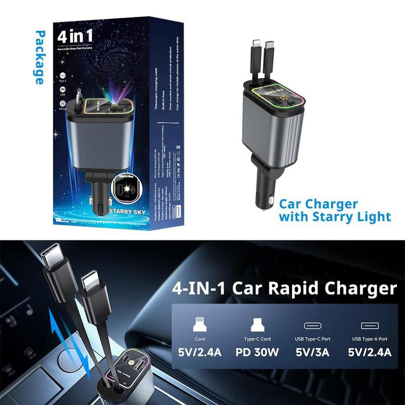 "4-in-1 Retractable Fast Car Charger 66W | USB & Type-C Ports with LED Starry Light for iPhone & Android"