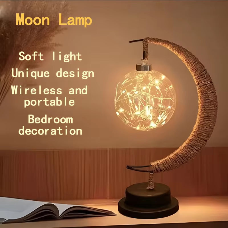 1Pc LED Moon Lamp,Iron Art Decorative Table Lamp for Bar,Bedroom,Living Room,Battery Powered Black Portable Night Light