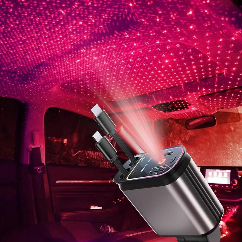 "4-in-1 Retractable Fast Car Charger 66W | USB & Type-C Ports with LED Starry Light for iPhone & Android"