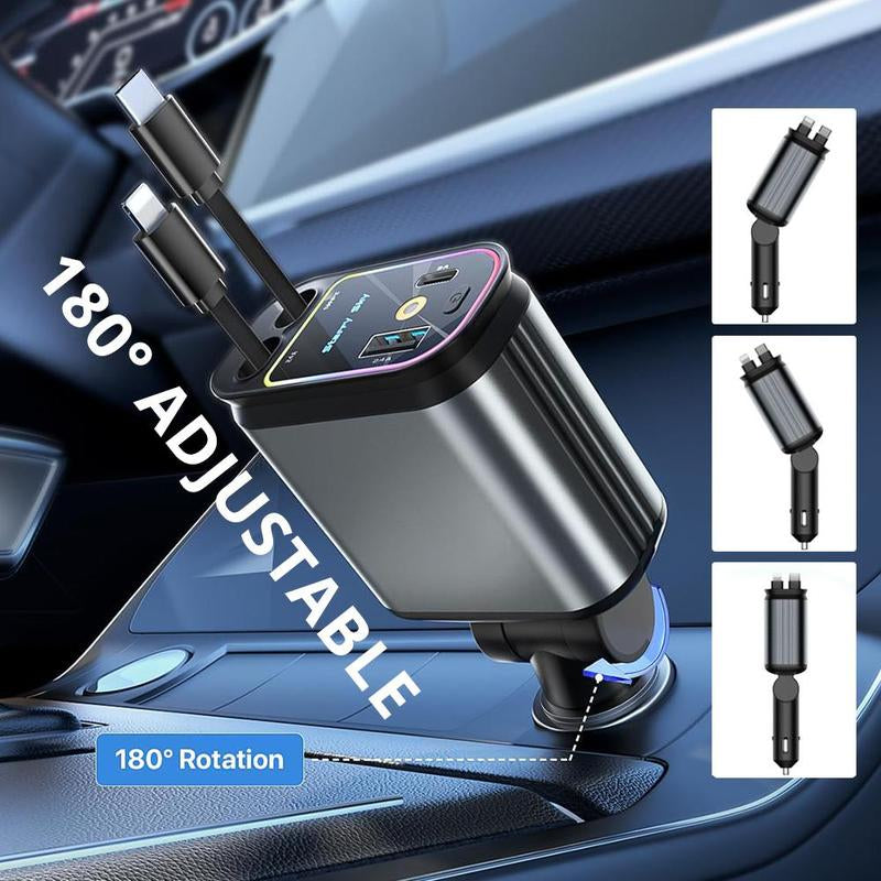 "4-in-1 Retractable Fast Car Charger 66W | USB & Type-C Ports with LED Starry Light for iPhone & Android"