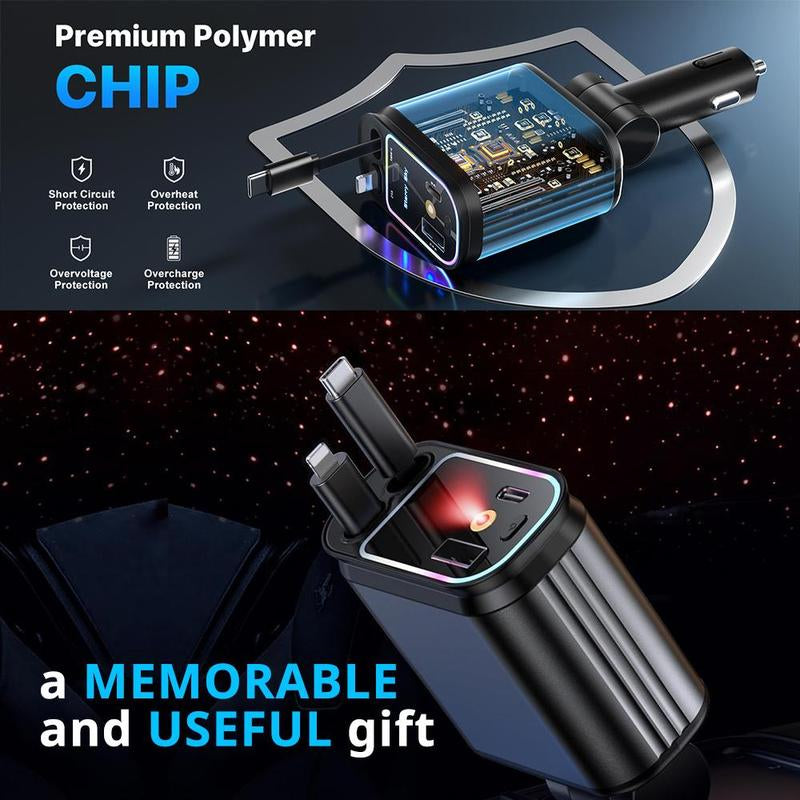 "4-in-1 Retractable Fast Car Charger 66W | USB & Type-C Ports with LED Starry Light for iPhone & Android"